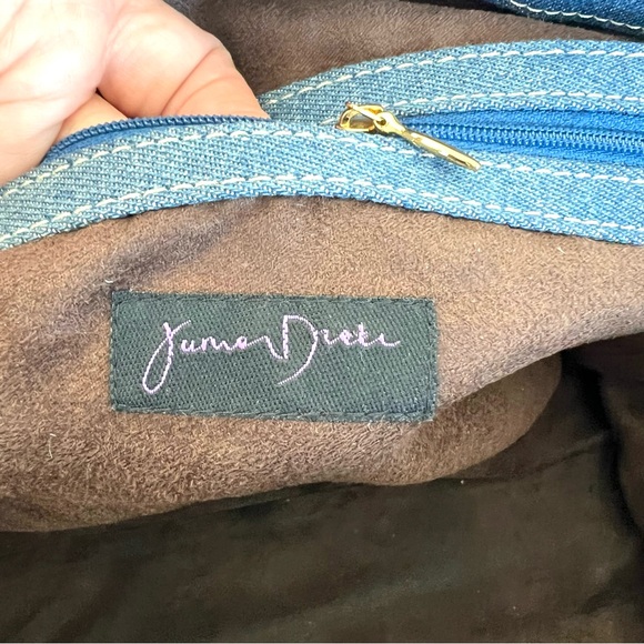 JUNIOR DRAKE Metallic Gold Studded Leather Blue Denim Weekender Oversized Tote - Picture 12 of 16